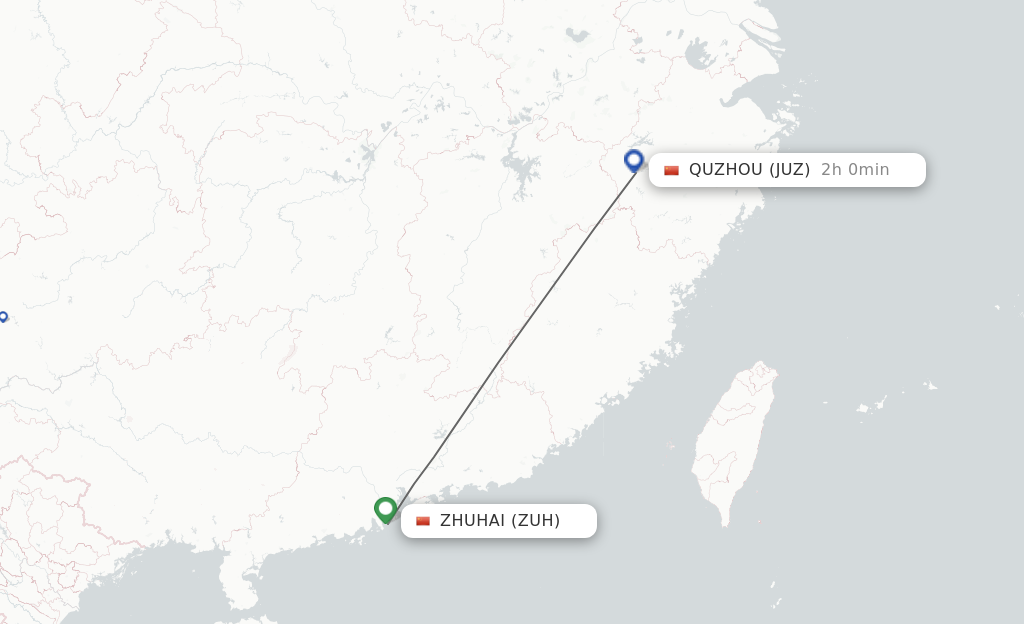 Flights from Quzhou, Zhejiang Province to Zhuhai route map