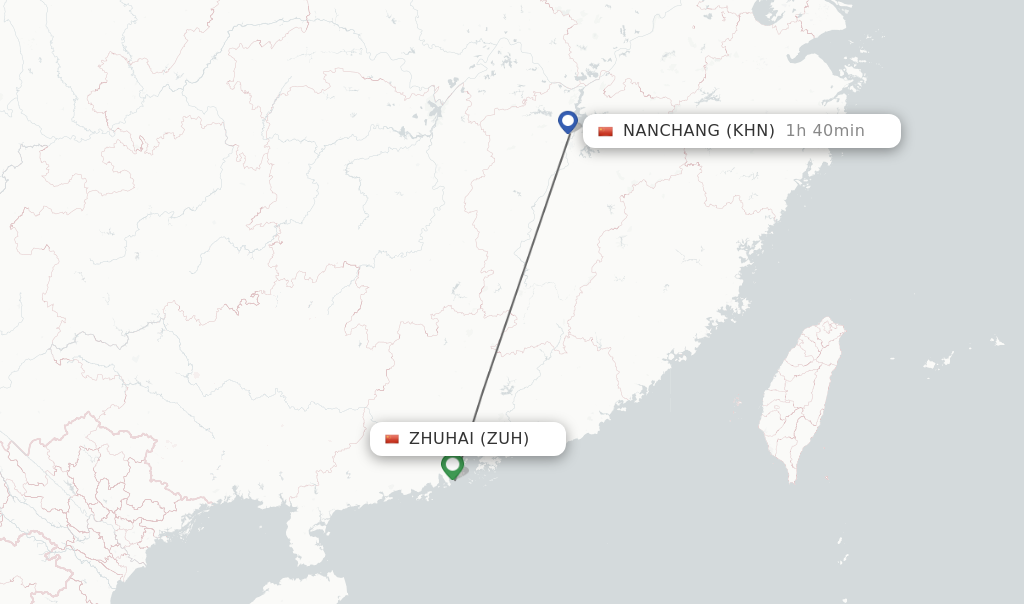 Flights from Zhuhai to Nanchang route map