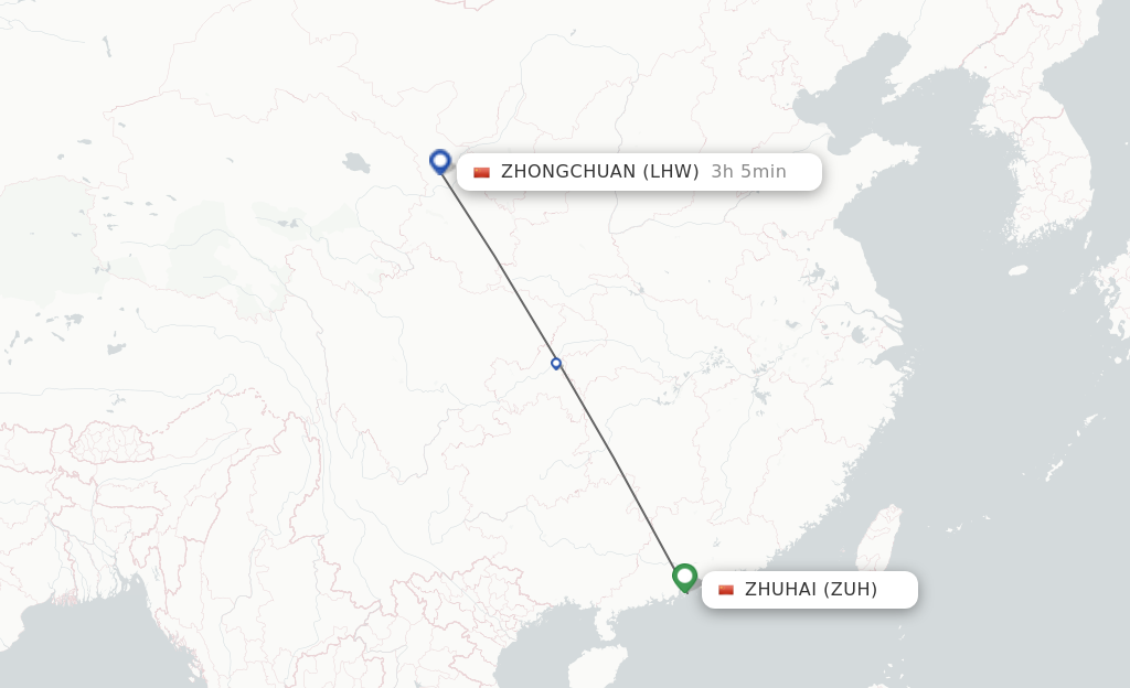 Flights from Zhuhai to Lanzhou route map