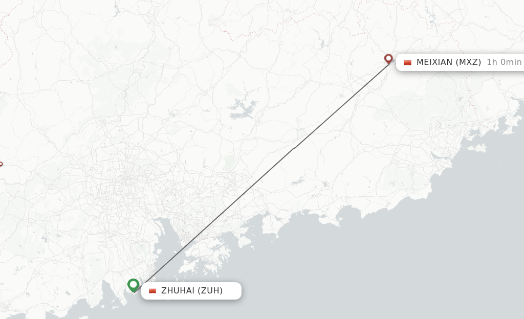 Flights from Zhuhai to Mei Xian route map