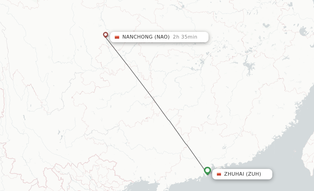 Flights from Zhuhai to Nanchong route map