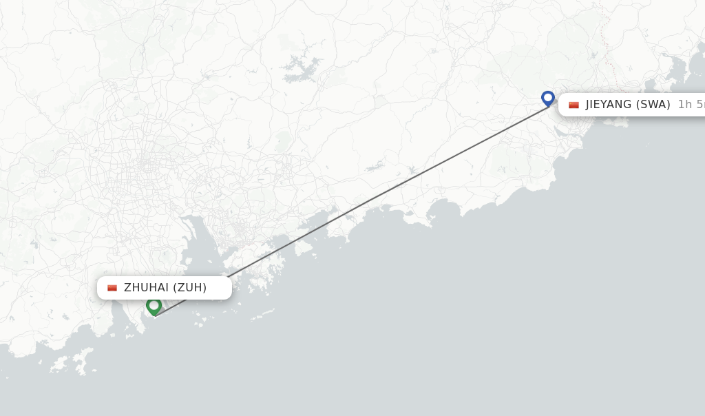 Flights from Zhuhai to Jieyang route map