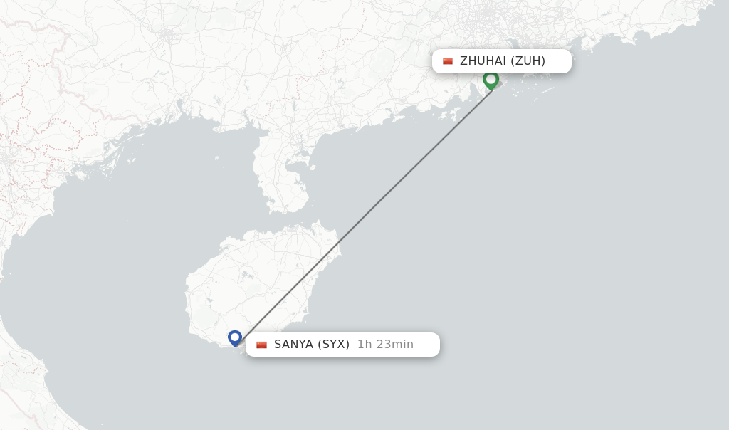 Flights from Zhuhai to Sanya route map