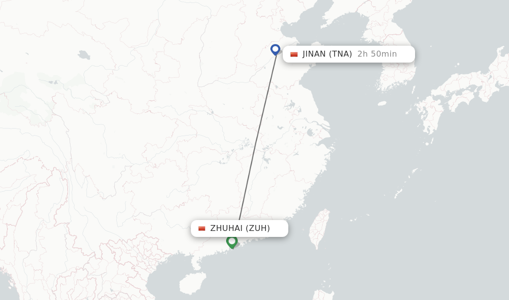 Flights from Zhuhai to Jinan route map