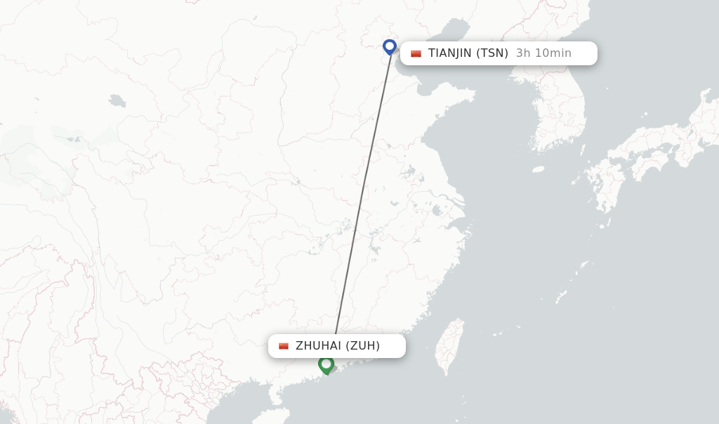 Flights from Zhuhai to Tianjin route map