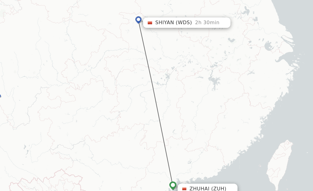 Flights from Zhuhai to Shiyan route map