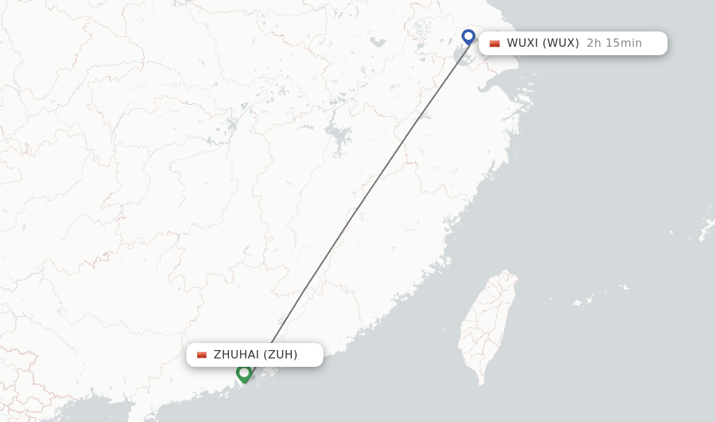 Flights from Zhuhai to Wuxi route map