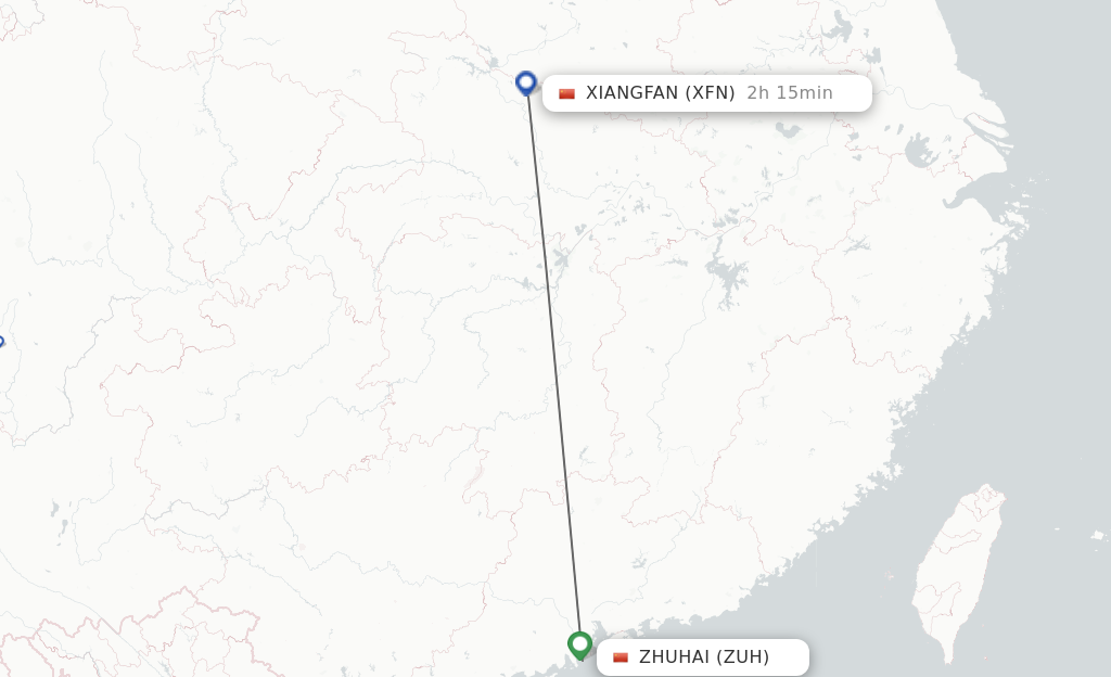 Flights from Zhuhai to Xiangyang route map