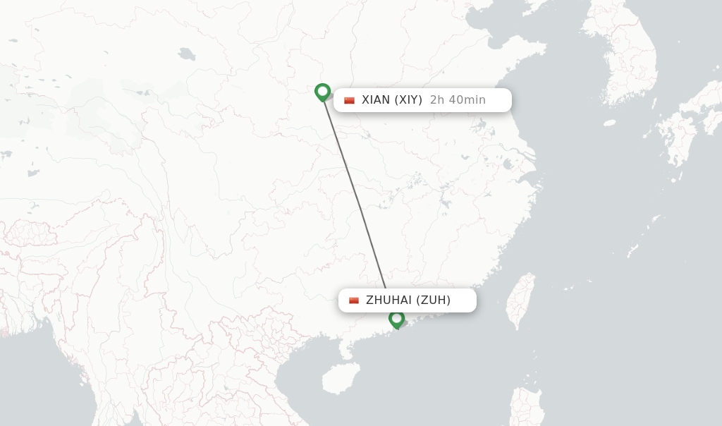 Flights from Zhuhai to Xian route map