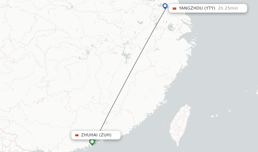 Flights from Zhuhai to Yangzhou route map