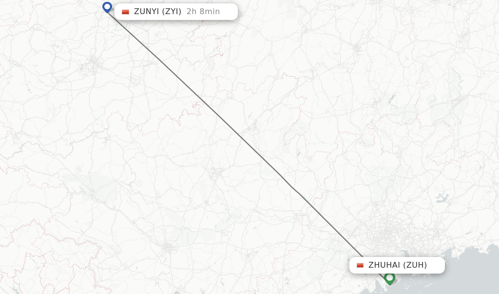Flights from Zhuhai to Zunyi route map