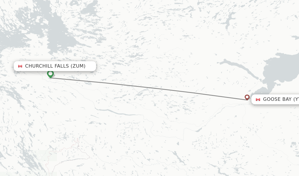 Flights from Churchill Falls to Goose Bay route map