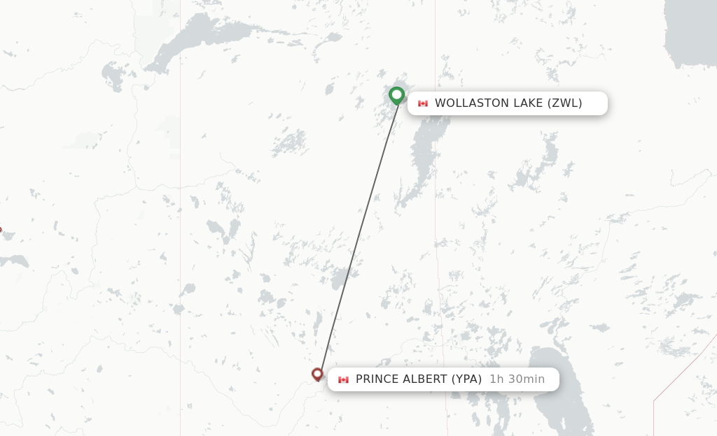 Flights from Wollaston Lake to Prince Albert route map
