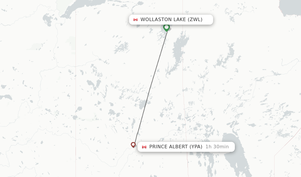 Flights from Wollaston Lake to Prince Albert route map