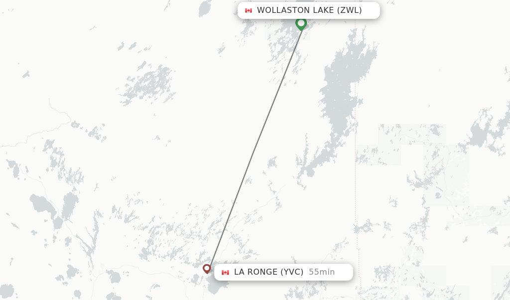 Flights from Wollaston Lake to La Ronge route map
