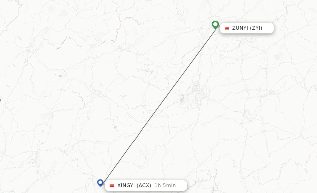 Flights from Zunyi to Xingyi route map