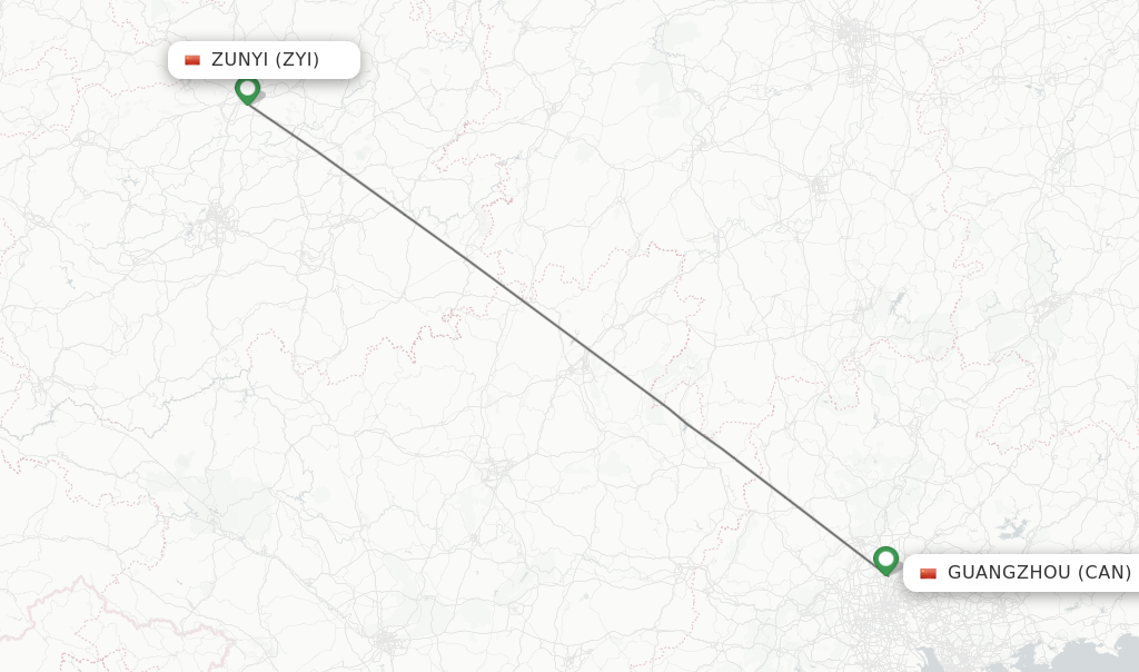 Flights from Zunyi to Guangzhou route map