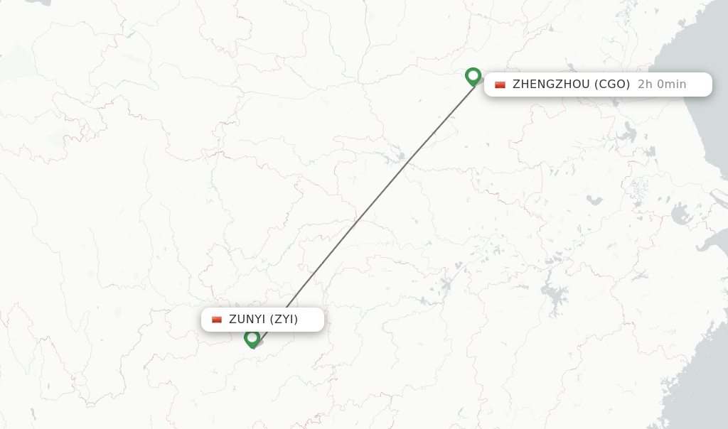Flights from Zunyi to Zhengzhou route map