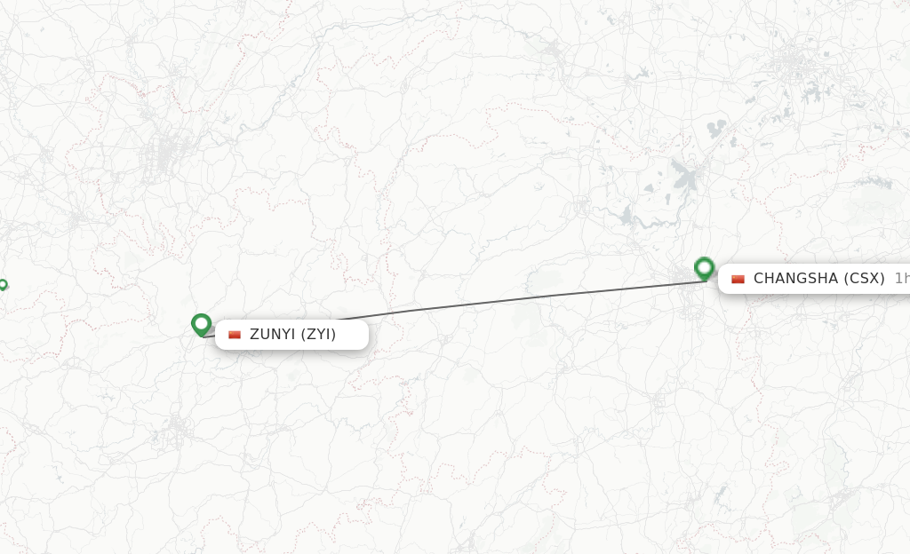 Flights from Zunyi to Changsha route map