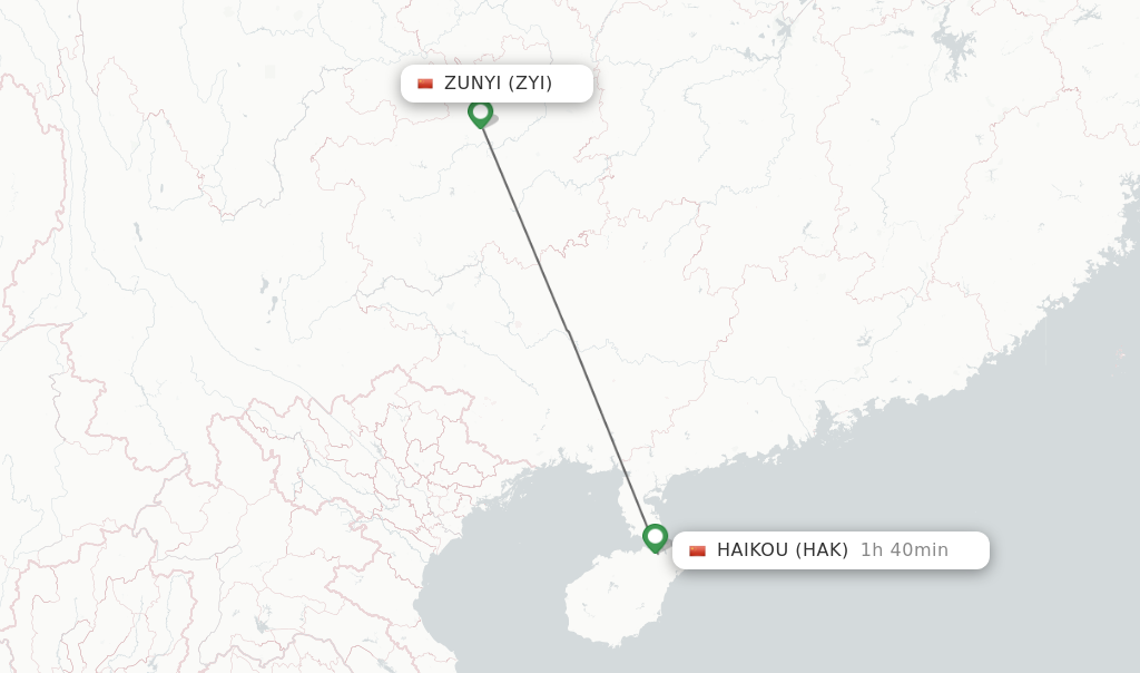 Flights from Zunyi to Haikou route map