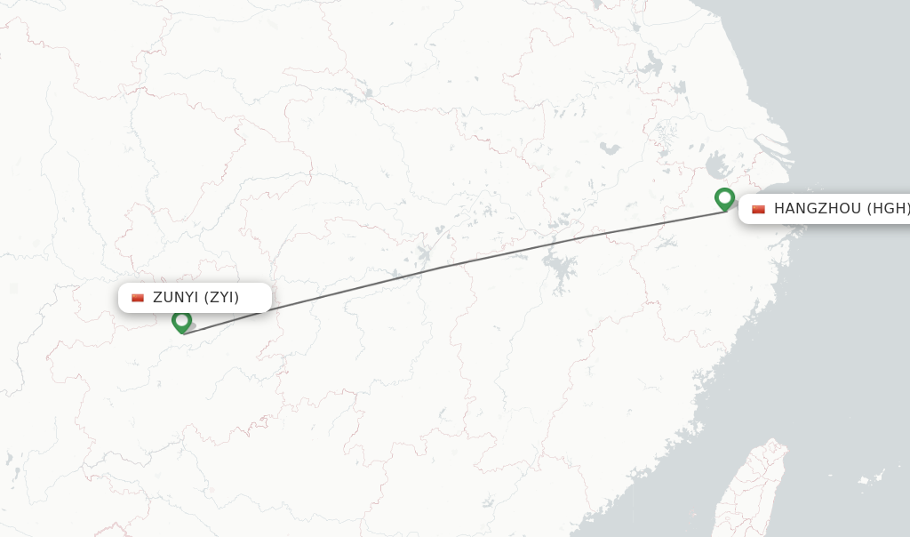 Flights from Zunyi to Hangzhou route map