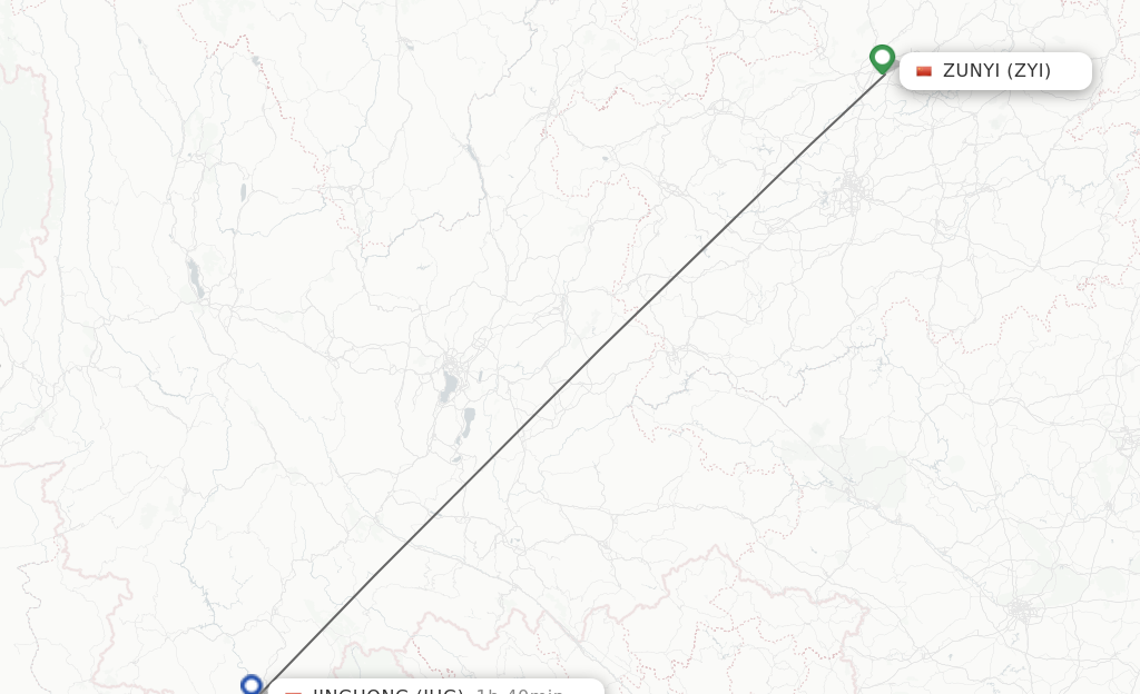 Flights from Zunyi to Jinghong route map
