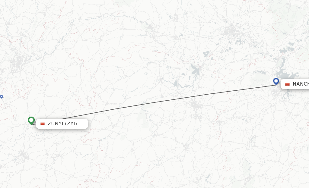 Flights from Zunyi to Nanchang route map