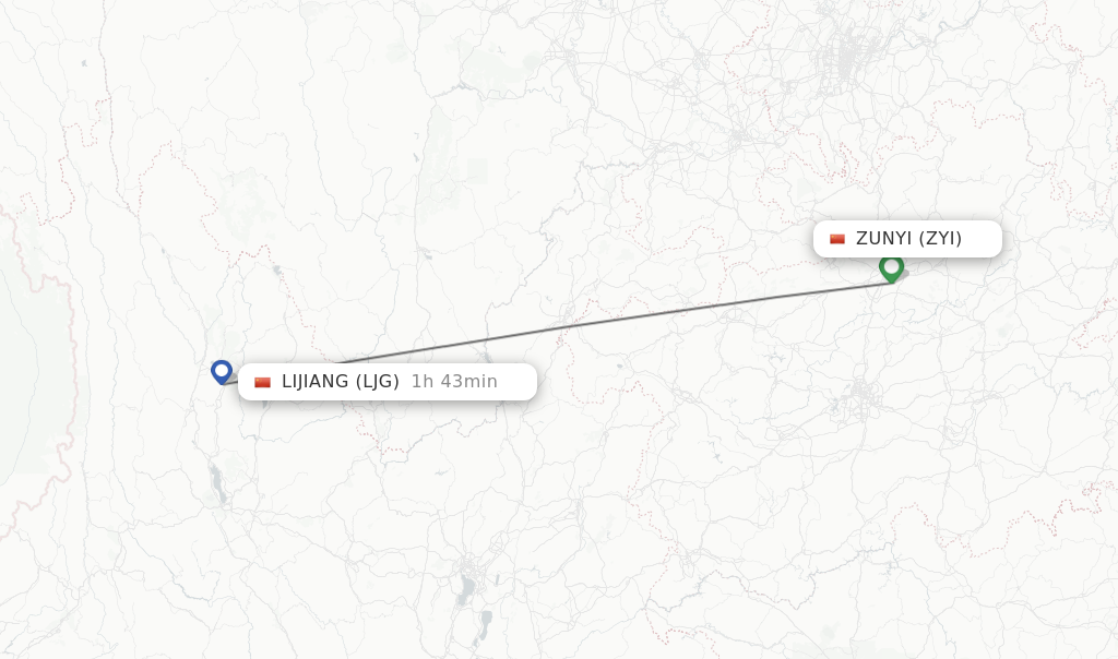 Flights from Zunyi to Lijiang route map