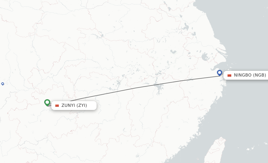Flights from Zunyi to Ningbo route map