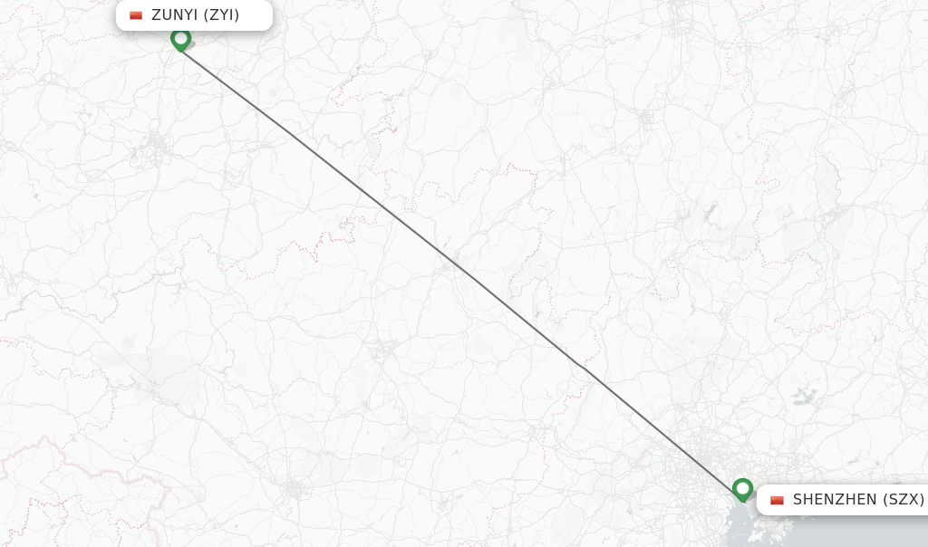 Flights from Zunyi to Shenzhen route map