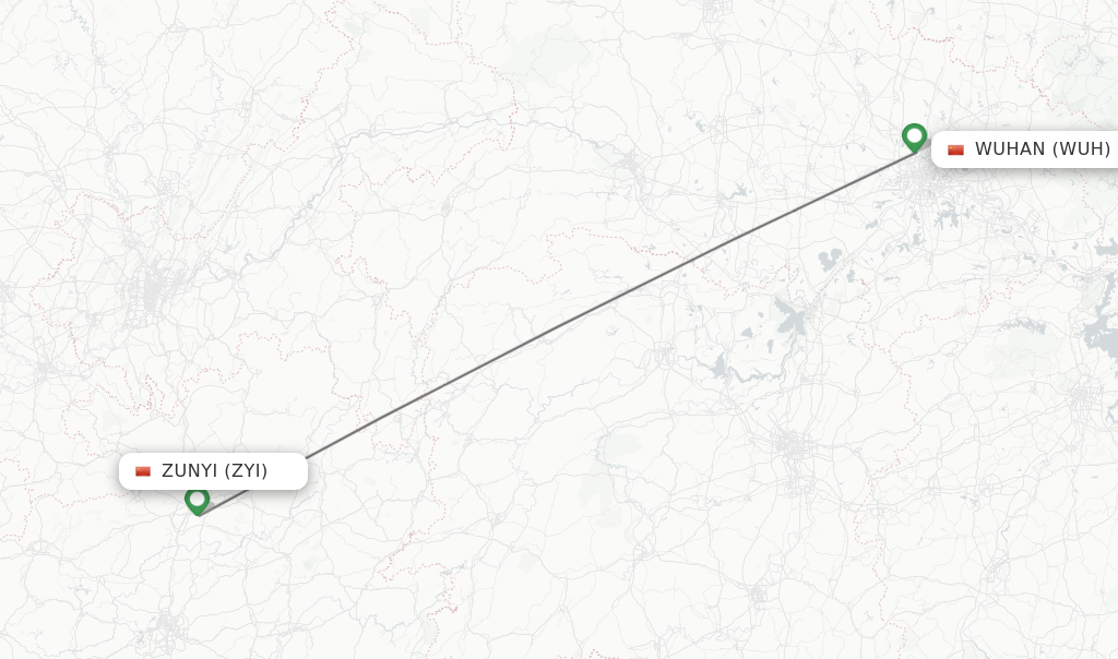 Flights from Zunyi to Wuhan route map