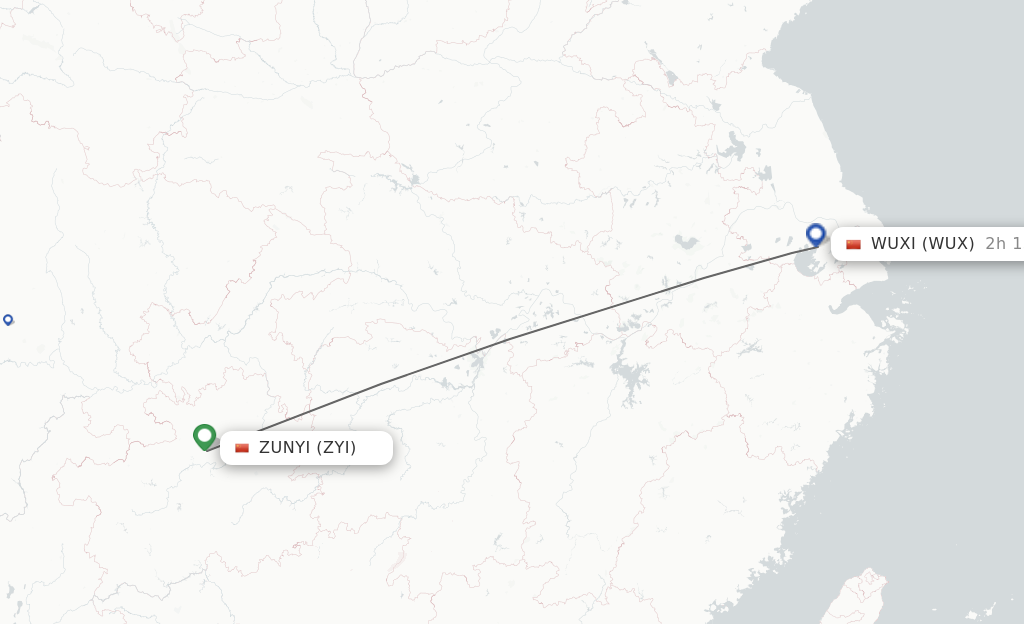 Flights from Zunyi to Wuxi route map