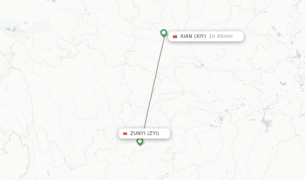 Flights from Zunyi to Xian route map