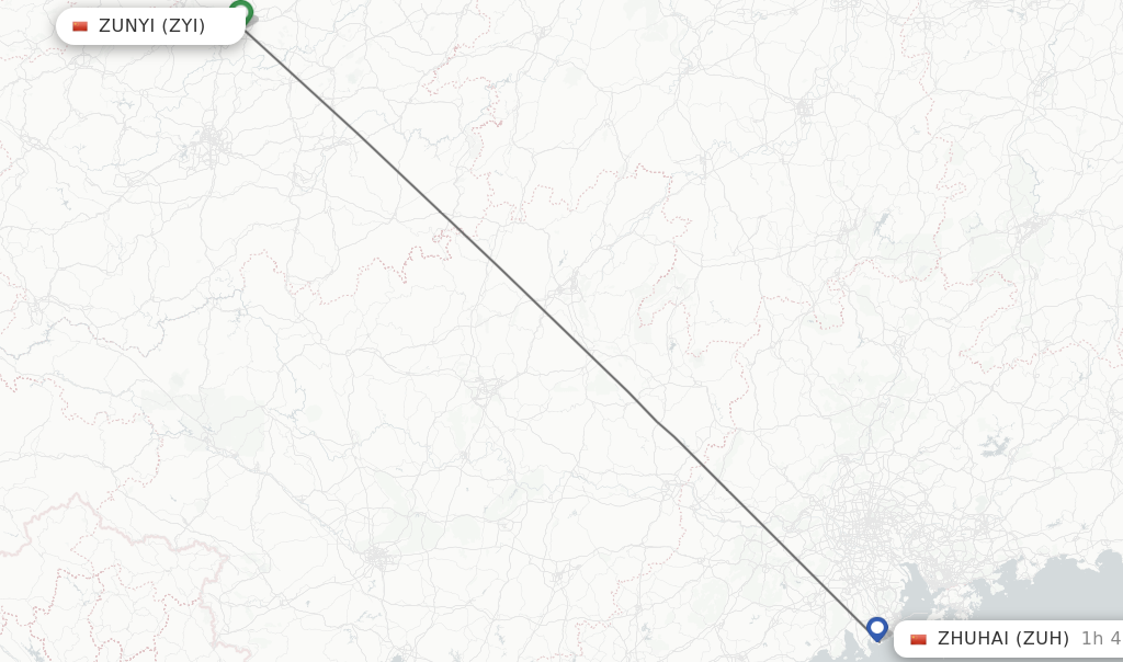 Flights from Zunyi to Zhuhai route map