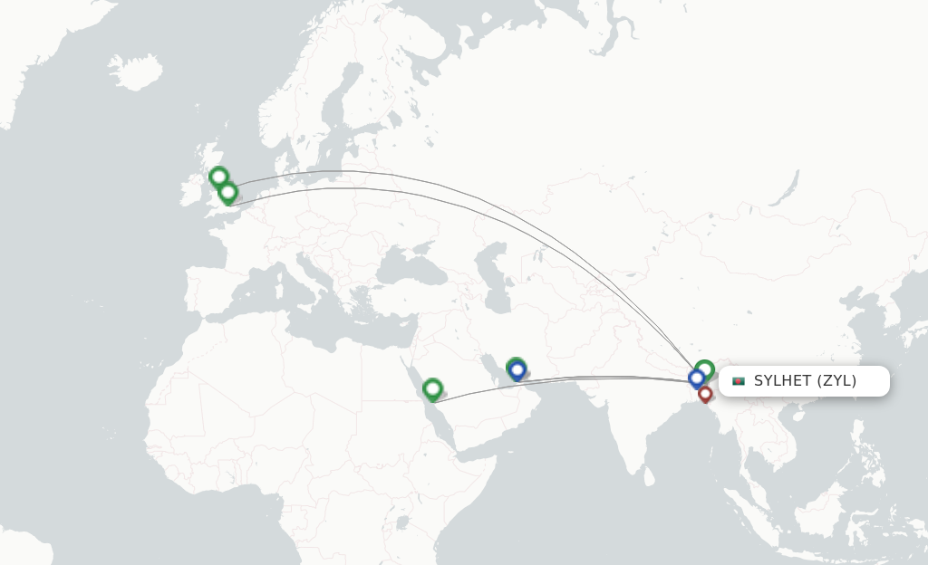Route map with flights from Sylhet with Biman Bangladesh Airlines