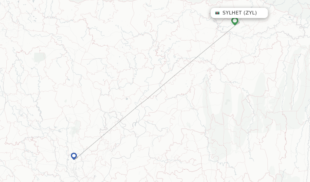 Route map with flights from Sylhet with US-Bangla Airlines