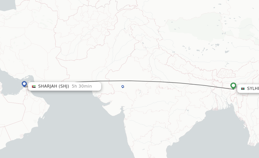 Flights from Sylhet to Sharjah route map